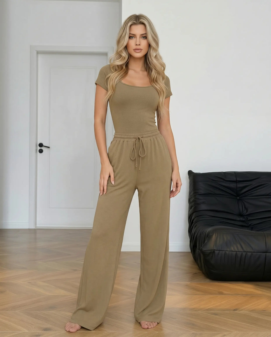 SOLACE  Dark Khaki Square Neck Ribbed Two Piece Set 