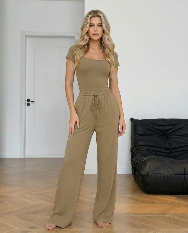 SOLACE  Dark Khaki Square Neck Ribbed Two Piece Set 