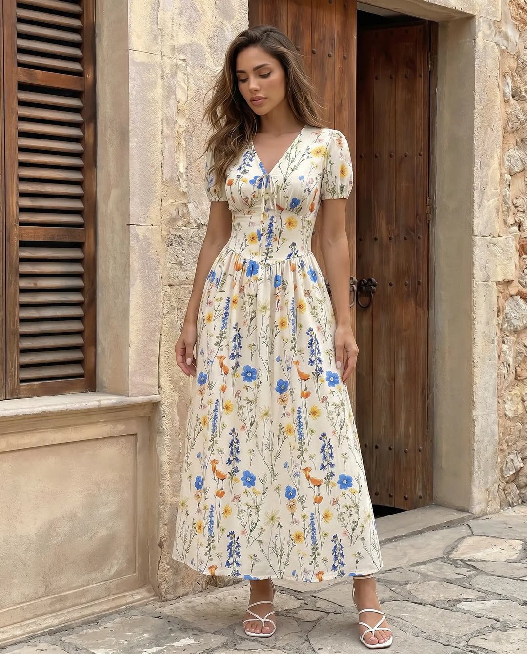 SOLACE  White Floral Print Puff Sleeve Maxi Dress 