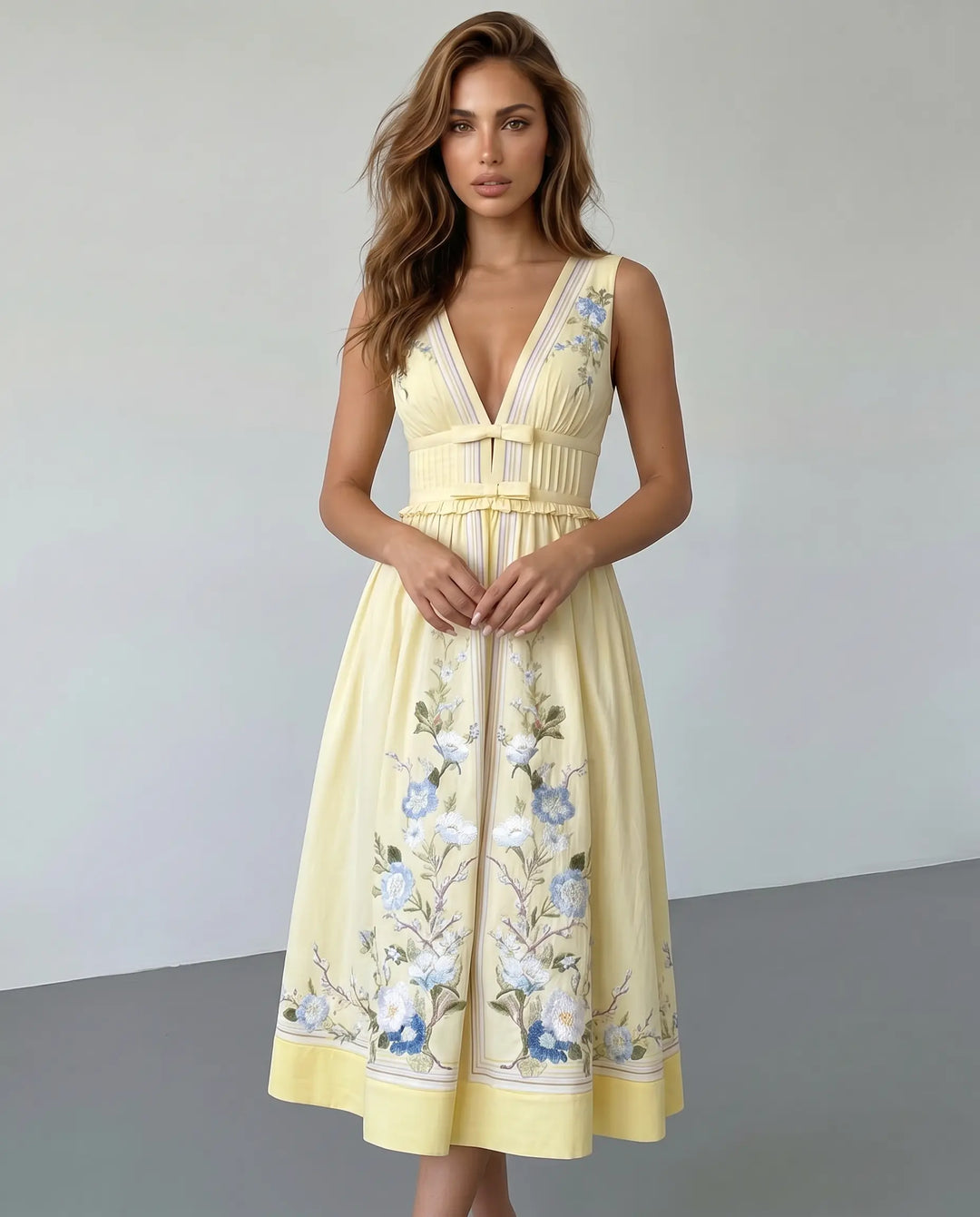 SOLACE  Yellow Floral Embroidery V-Neck Midi Dress 