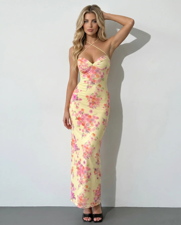 SOLACE  Yellow Floral Print Criss Cross Backless Maxi Dress 