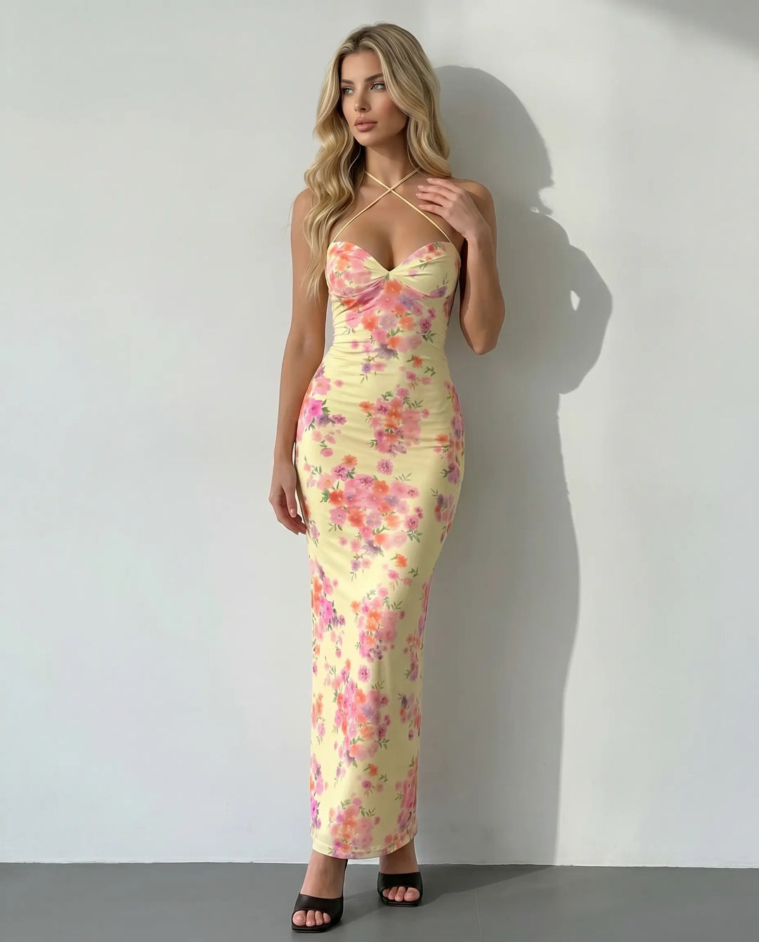 SOLACE  Yellow Floral Print Criss Cross Backless Maxi Dress 