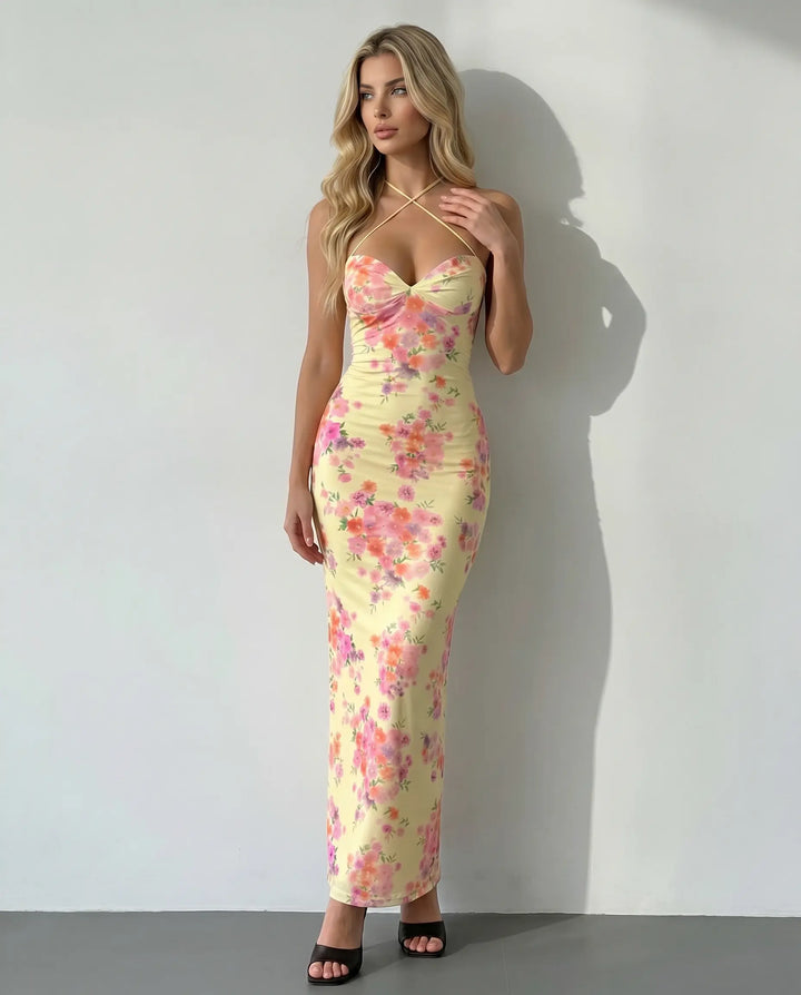 SOLACE  Yellow Floral Print Criss Cross Backless Maxi Dress 