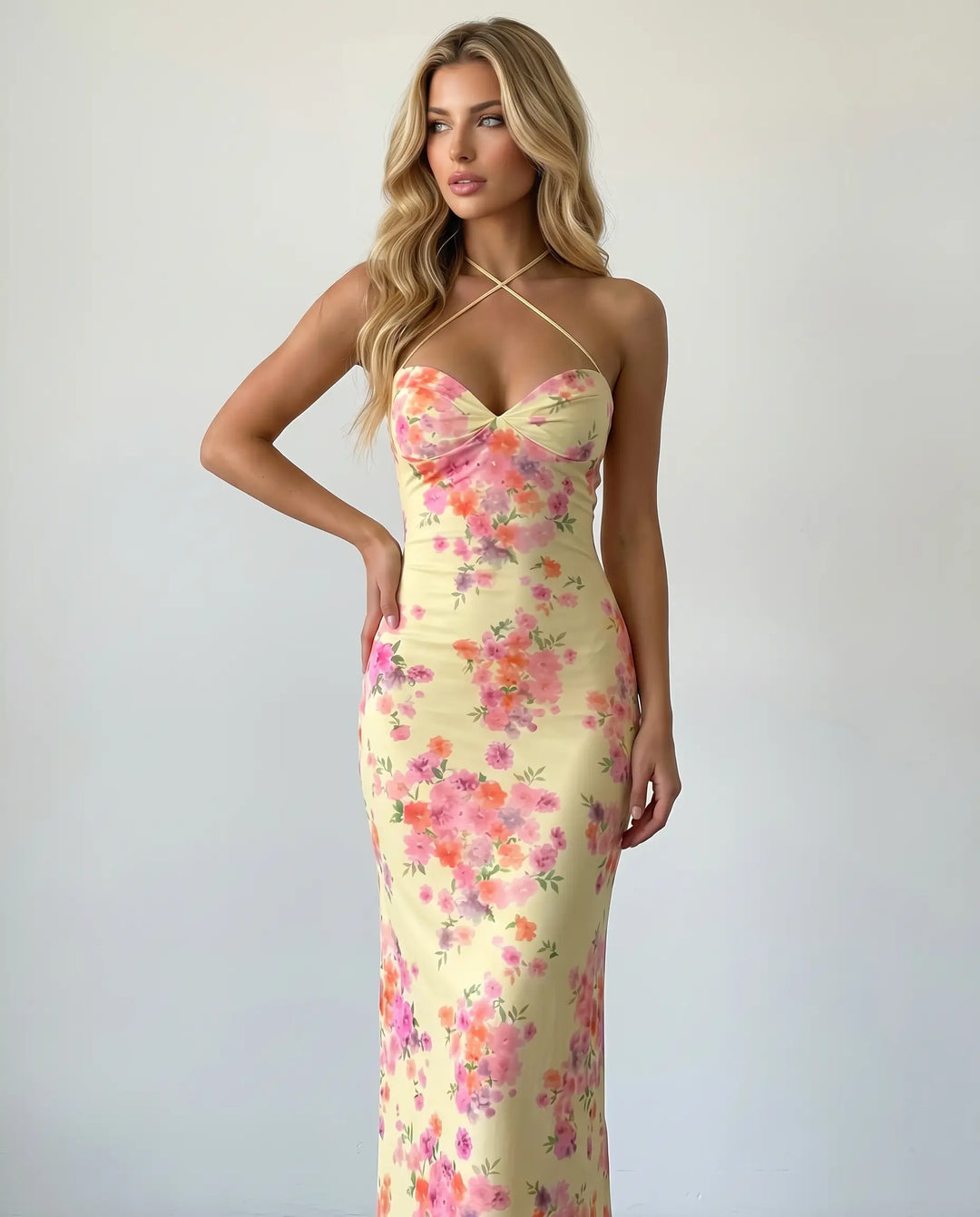 SOLACE  Yellow Floral Print Criss Cross Backless Maxi Dress 