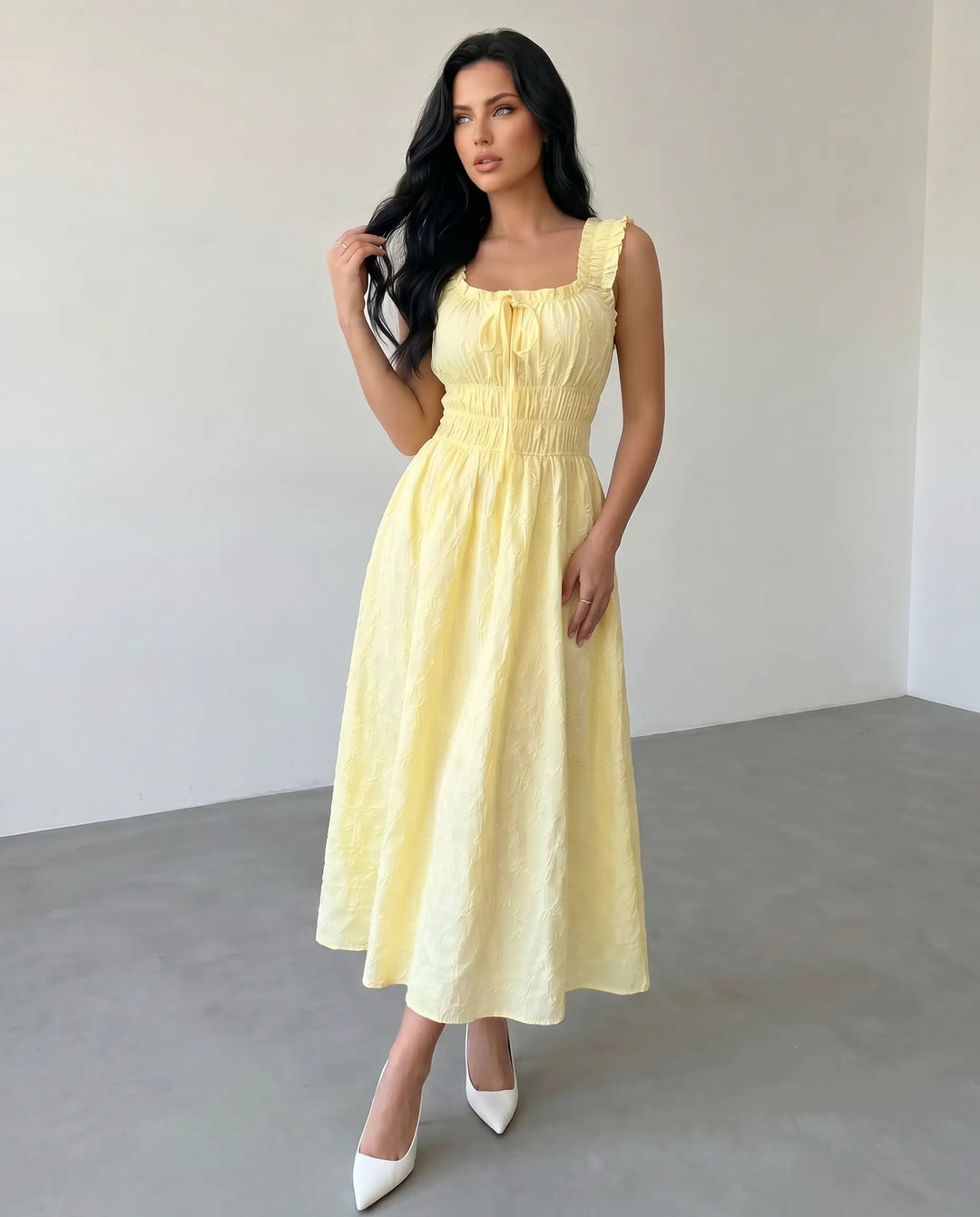 SOLACE  Yellow Textured Ruffle Strap Maxi Dress 