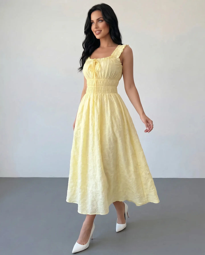 SOLACE  Yellow Textured Ruffle Strap Maxi Dress 