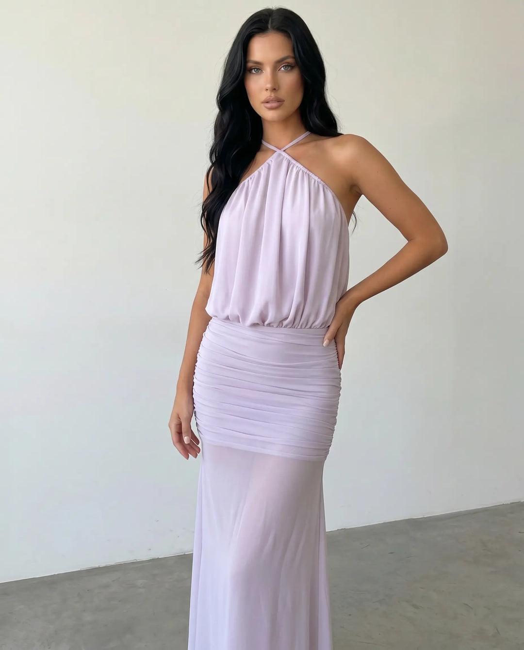SOLACE  Lavender Flowy Chiffon Slim Fit Maxi Dress 