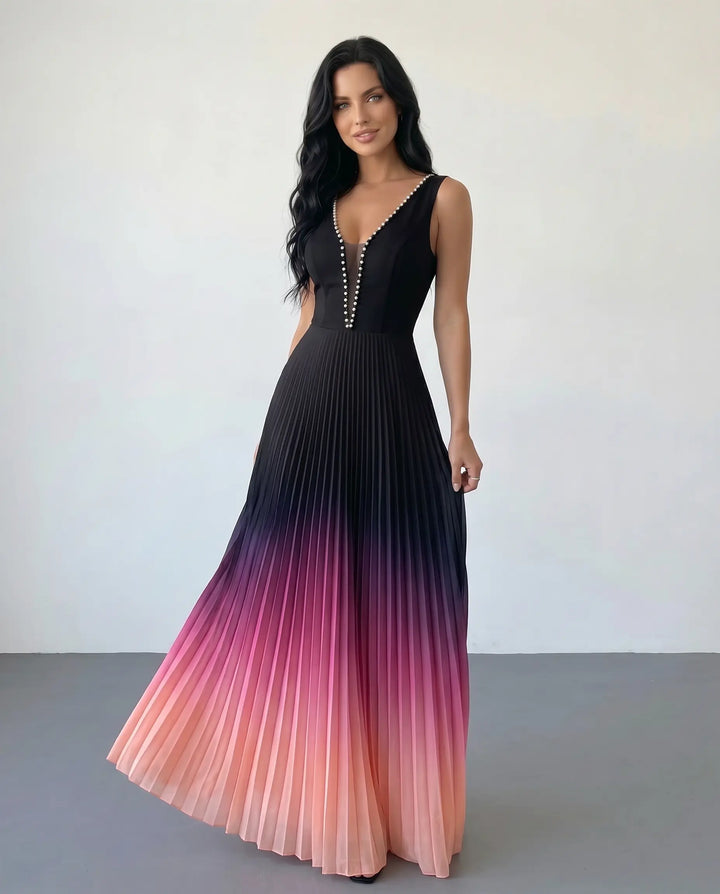 SOLACE  Ombre Gradient Pleated Sleeveless Maxi Dress 