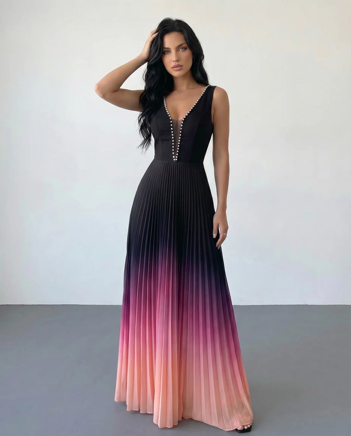 SOLACE  Ombre Gradient Pleated Sleeveless Maxi Dress 