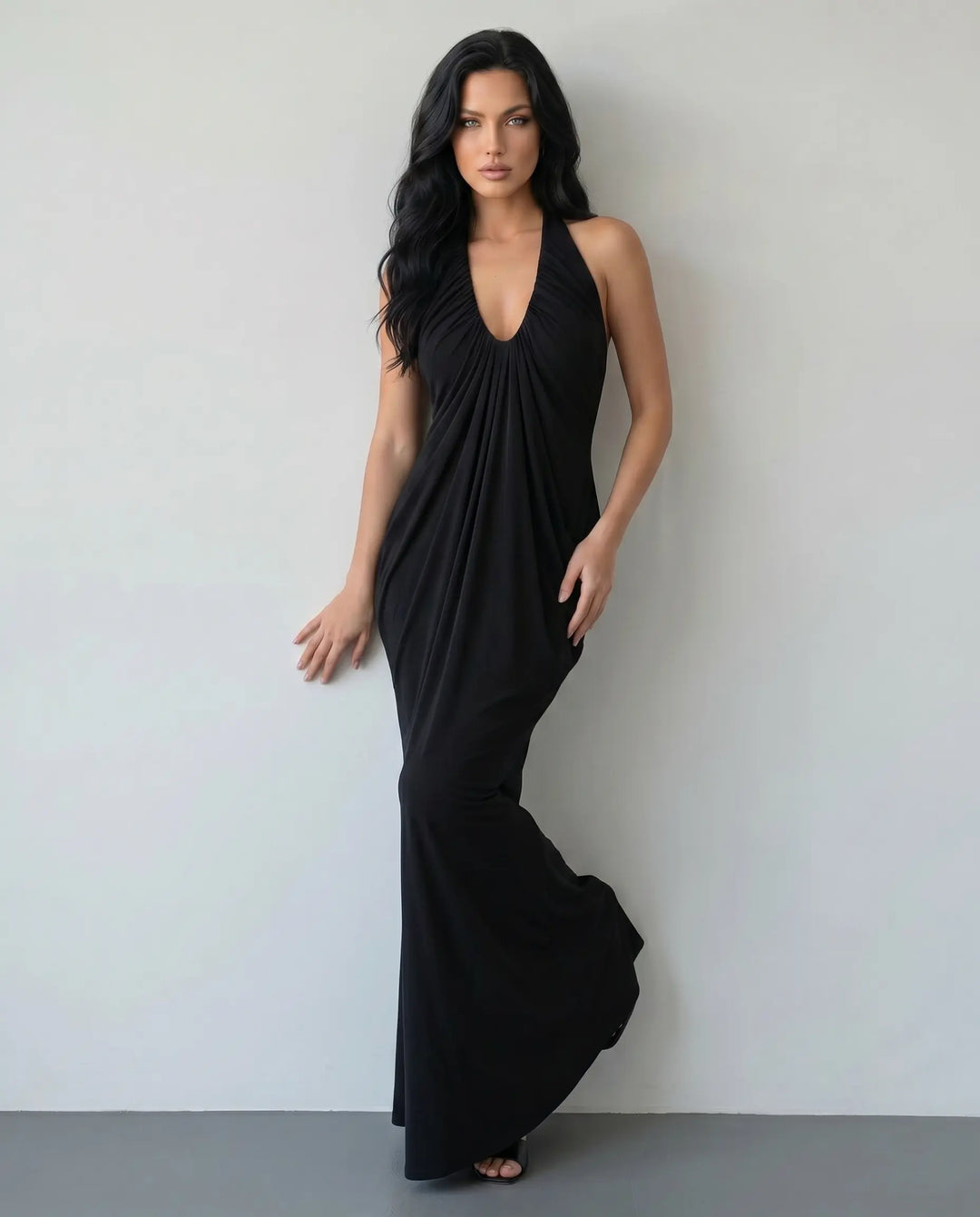 SOLACE  Black Halter Neck Ruched Maxi Dress 