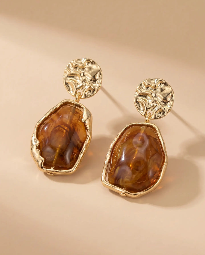SOLACE  Gold Tone Hammered Disc Amber Resin Irregular Alloy Drop Earrings 