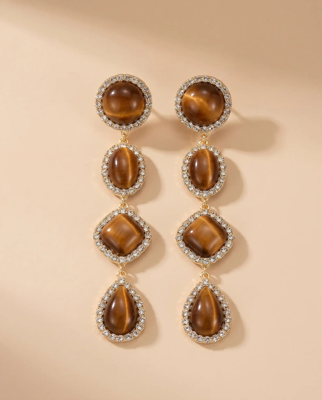 SOLACE  Gold Tone Tiered Tiger Eye Crystal Halo Alloy Drop Earrings 