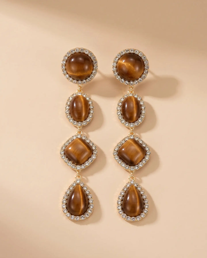 SOLACE  Gold Tone Tiered Tiger Eye Crystal Halo Alloy Drop Earrings 