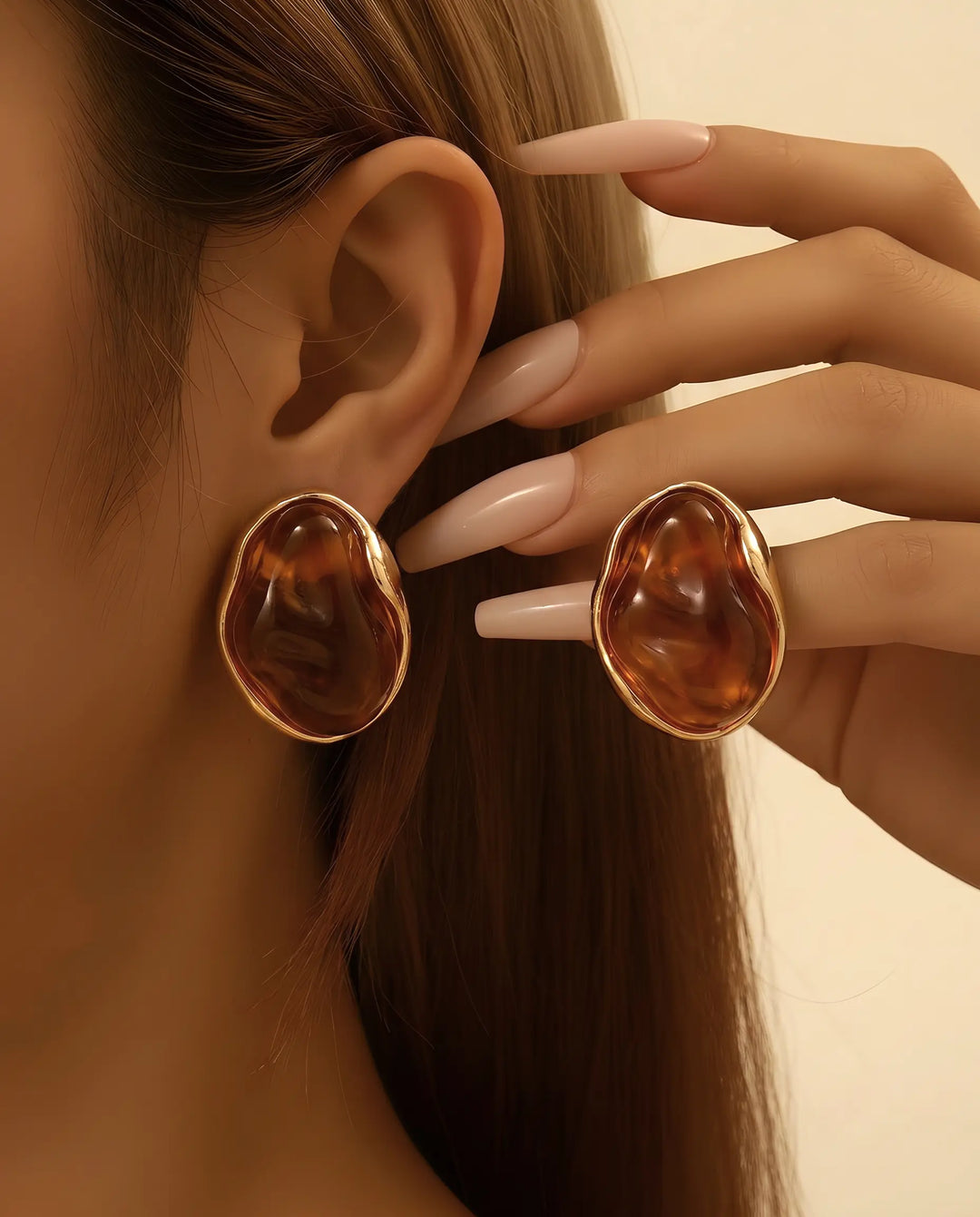 SOLACE  Gold Tone Irregular Amber Resin Sculpted Frame Alloy Stud Earrings 