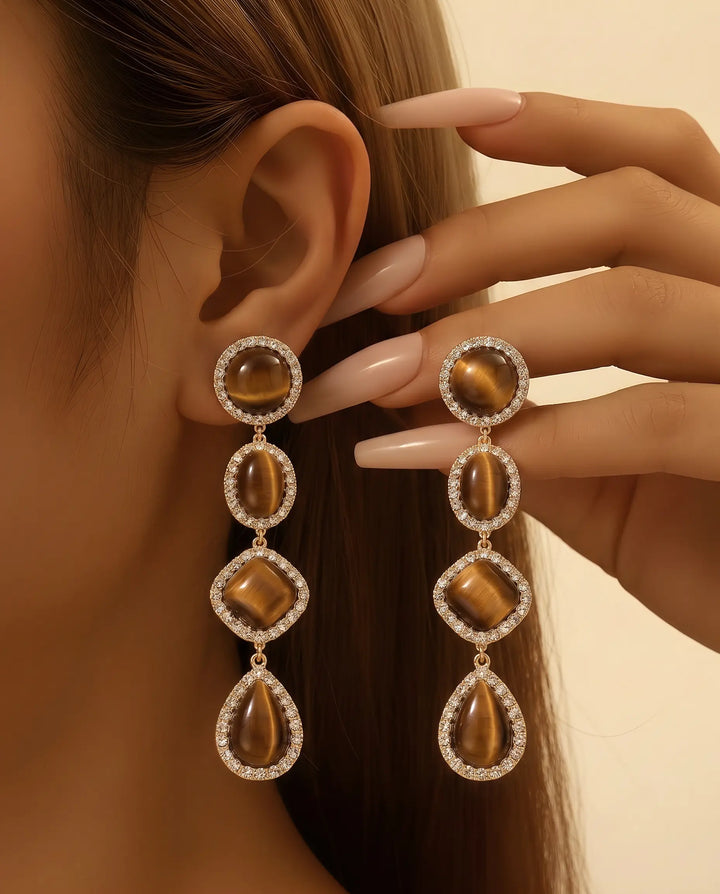 SOLACE  Gold Tone Tiered Tiger Eye Crystal Halo Alloy Drop Earrings 