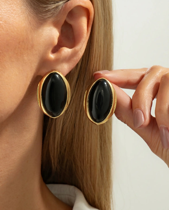 SOLACE  Gold Elongated Black Cabochon Stud Earrings 