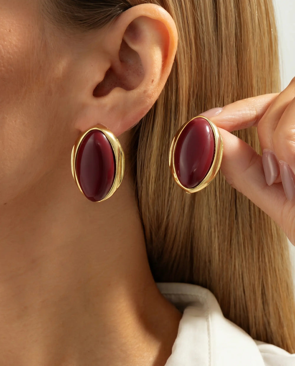 SOLACE  Gold Elongated Burgundy Cabochon Stud Earrings 