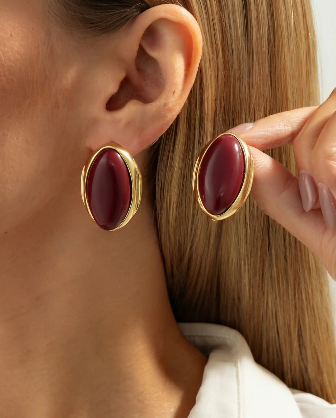 SOLACE  Gold Elongated Burgundy Cabochon Stud Earrings 