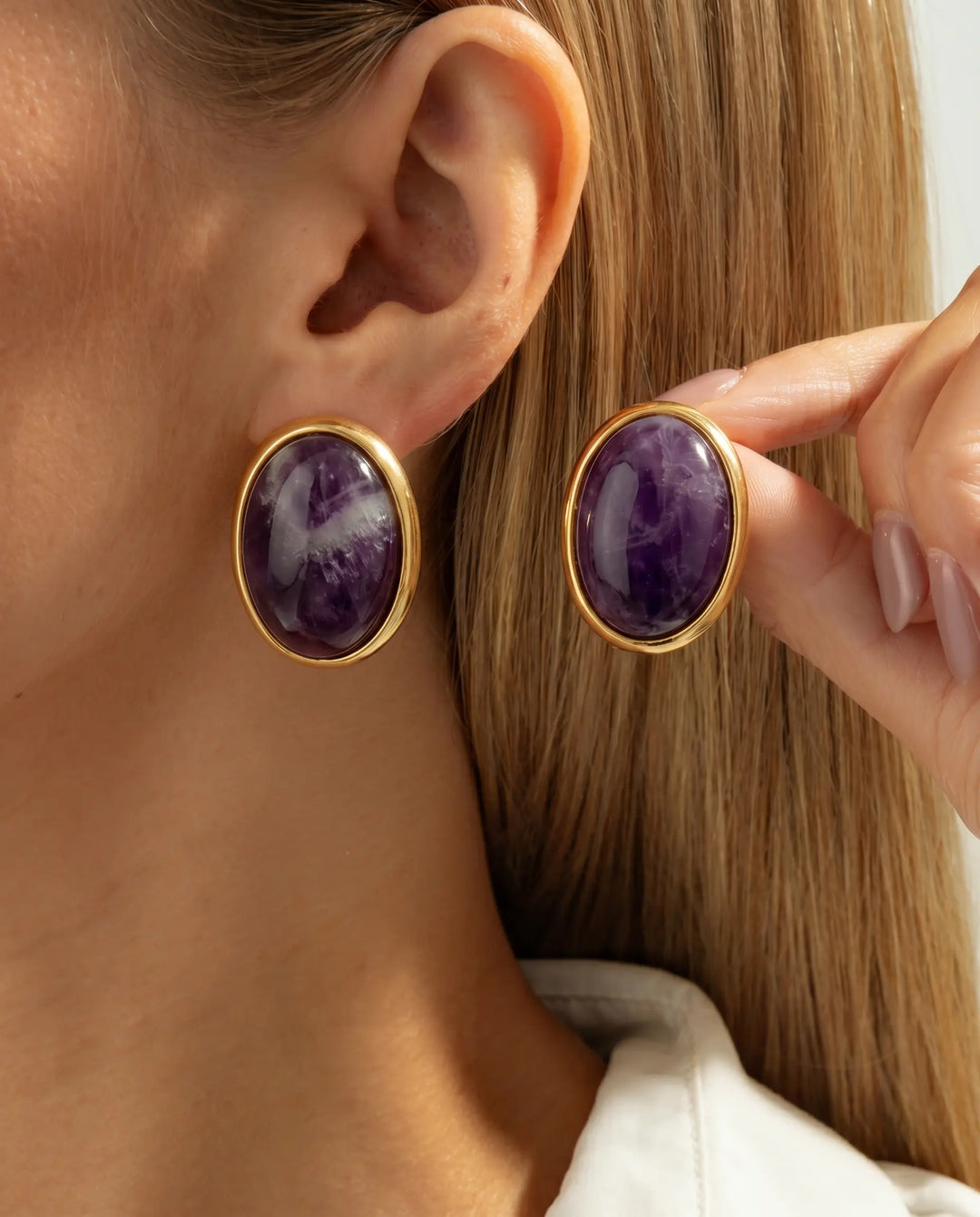 SOLACE  Gold Amethyst Oval Cabochon Stud Earrings 