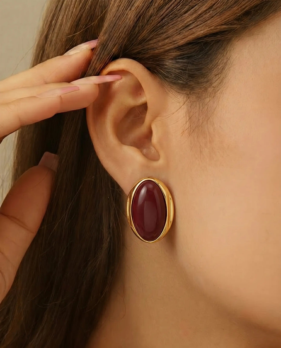SOLACE  Gold Elongated Burgundy Cabochon Stud Earrings 