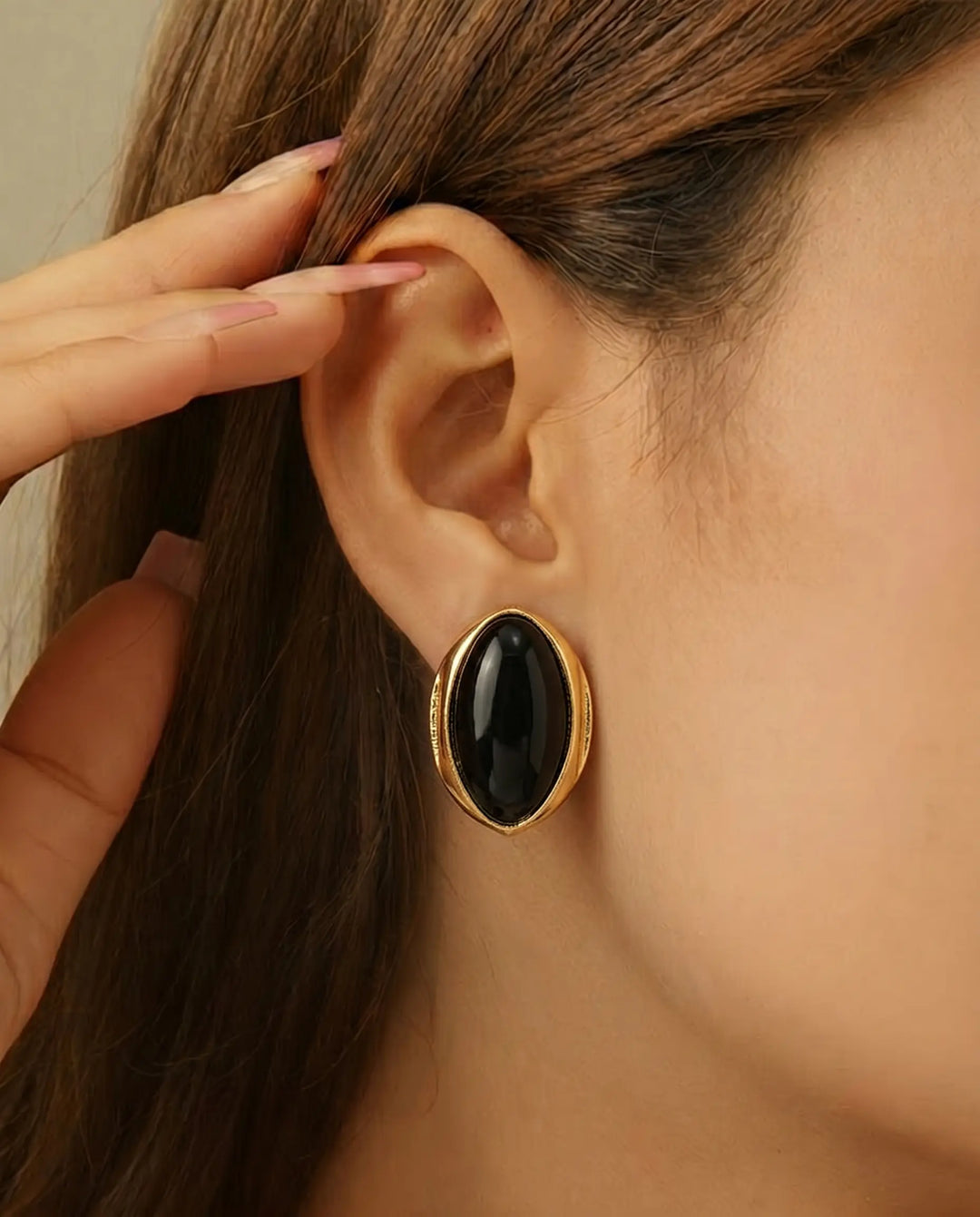 SOLACE  Gold Elongated Black Cabochon Stud Earrings 