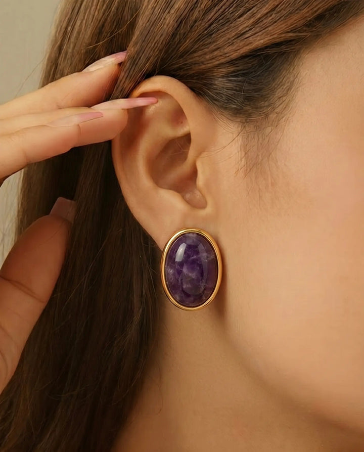 SOLACE  Gold Amethyst Oval Cabochon Stud Earrings 