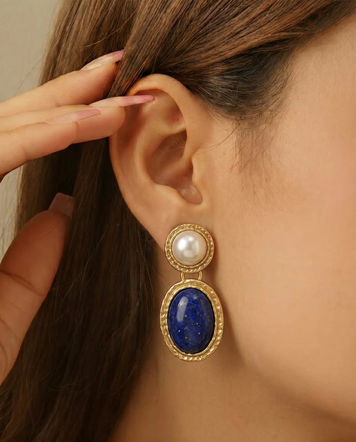 SOLACE  Gold Tone Faux Pearl Lapis Lazuli Two Tier Hammered Alloy Drop Earrings 