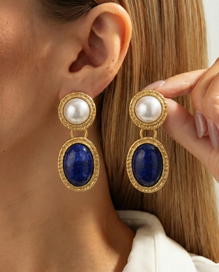 SOLACE  Gold Tone Faux Pearl Lapis Lazuli Two Tier Hammered Alloy Drop Earrings 
