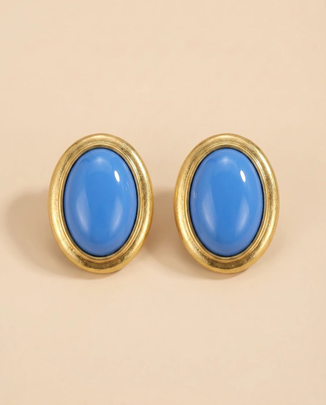 SOLACE  Gold Light Blue Oval Cabochon Stud Earrings 