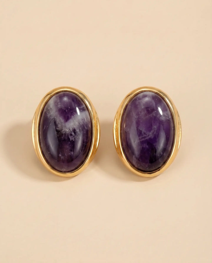 SOLACE  Gold Amethyst Oval Cabochon Stud Earrings 