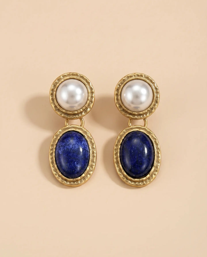 SOLACE  Gold Tone Faux Pearl Lapis Lazuli Two Tier Hammered Alloy Drop Earrings 