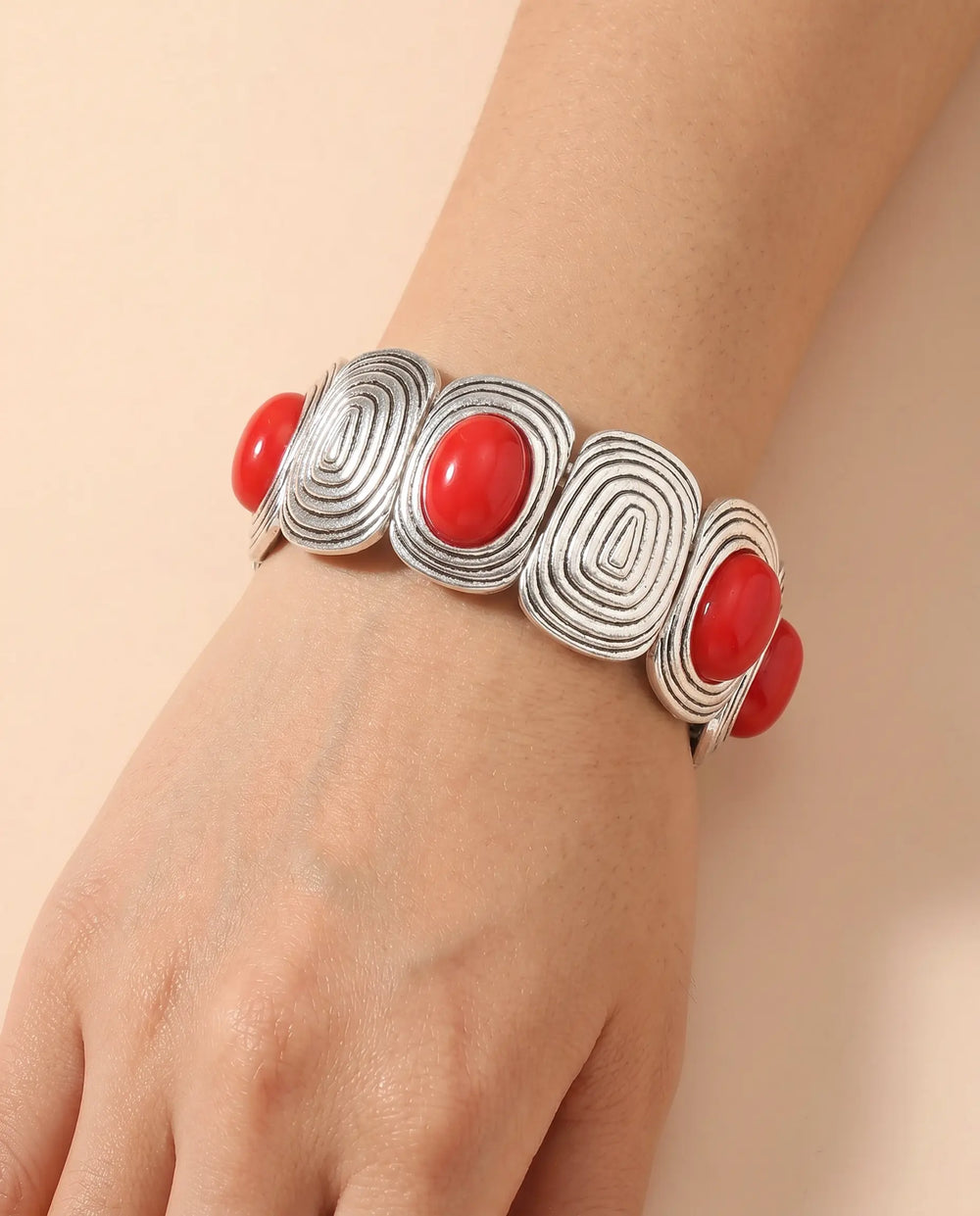 SOLACE  Silver Spiral Red Cabochon Statement Bracelet 