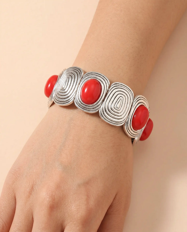 SOLACE  Silver Spiral Red Cabochon Statement Bracelet 