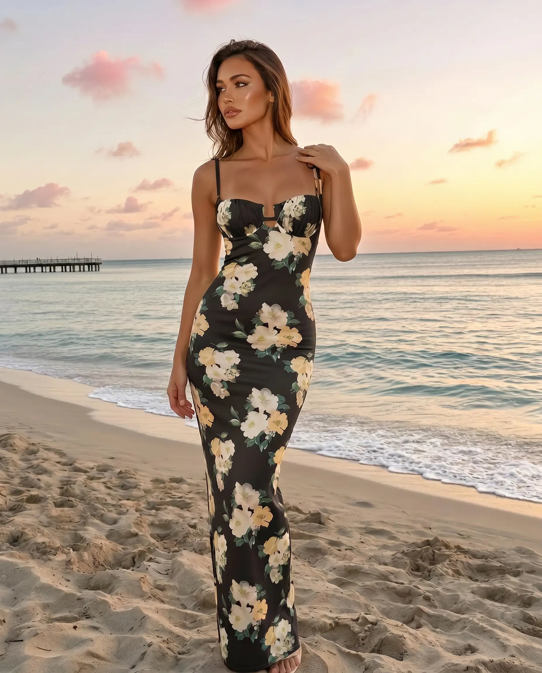 SOLACE  Floral Print Tie Strap Bustier Bodycon Maxi Dress 
