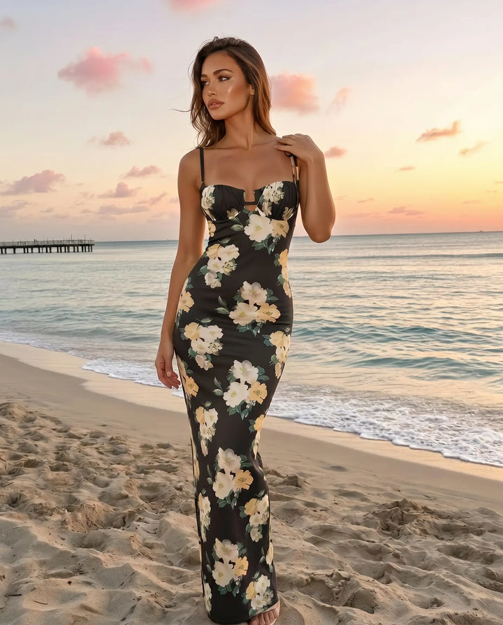 SOLACE  Floral Print Tie Strap Bustier Bodycon Maxi Dress 