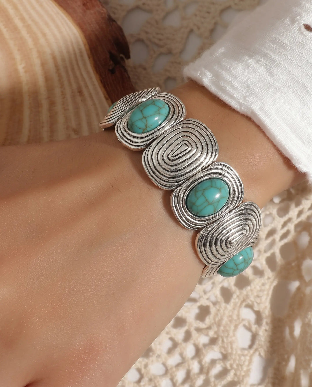 SOLACE  Silver Spiral Turquoise Cabochon Statement Bracelet 