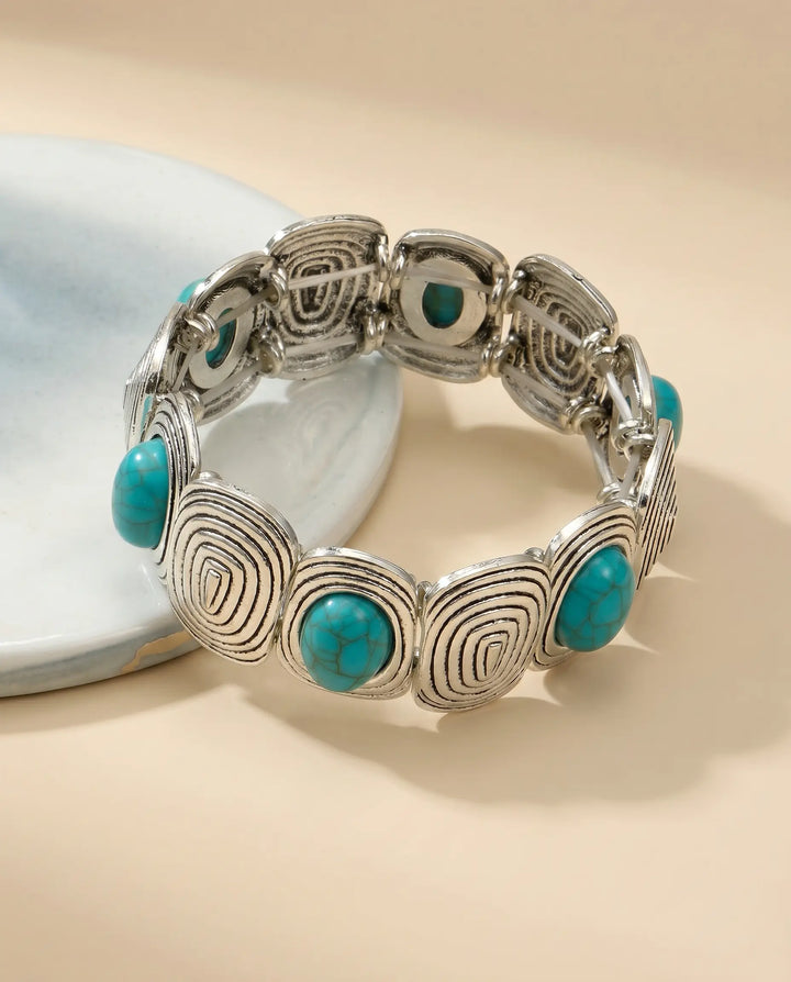 SOLACE  Silver Spiral Turquoise Cabochon Statement Bracelet 