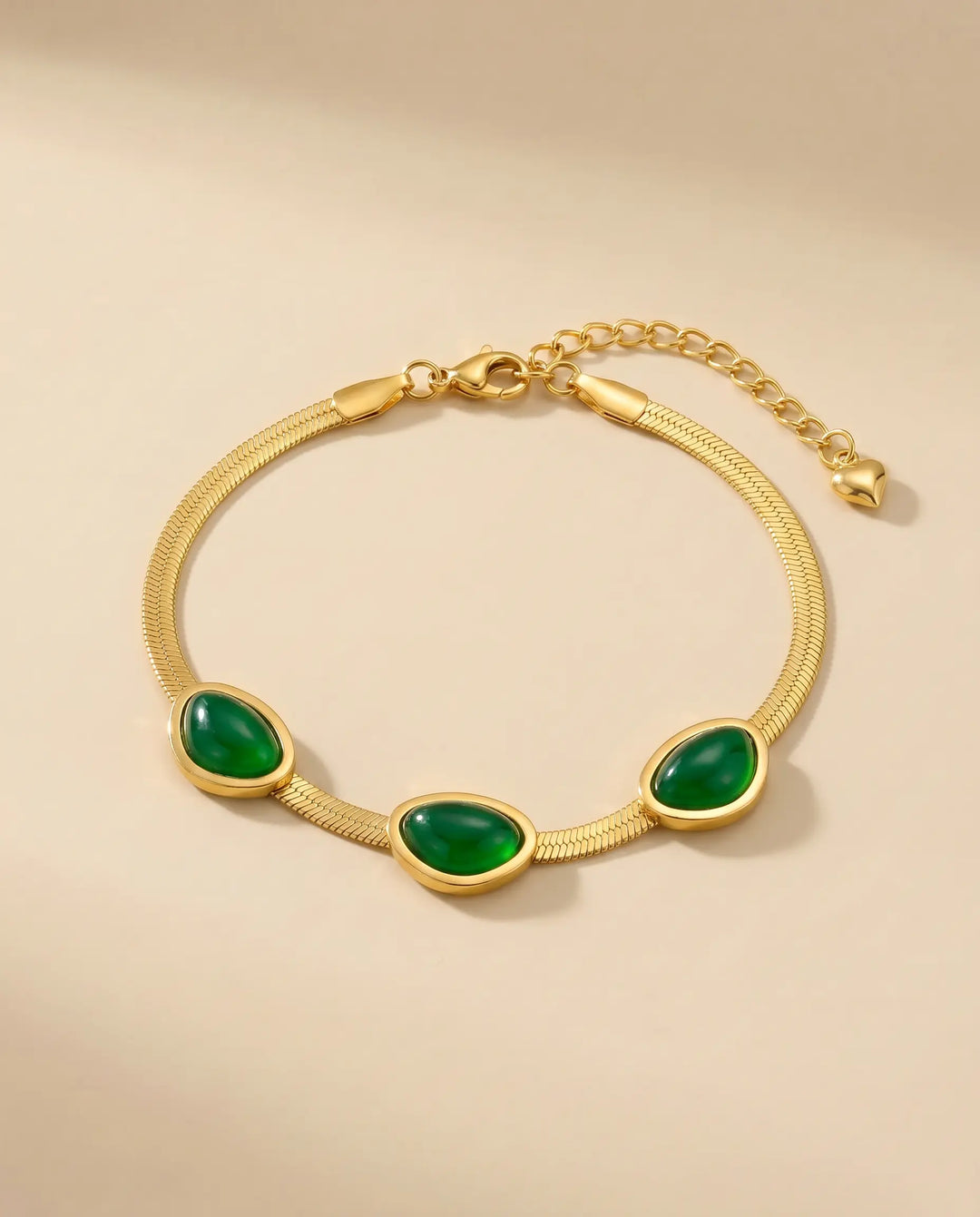 SOLACE  Gold Herringbone Green Cabochon Adjustable Bracelet 