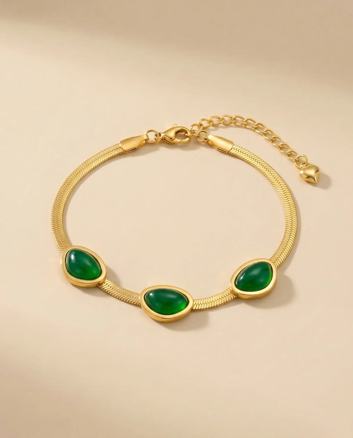 SOLACE  Gold Herringbone Green Cabochon Adjustable Bracelet 