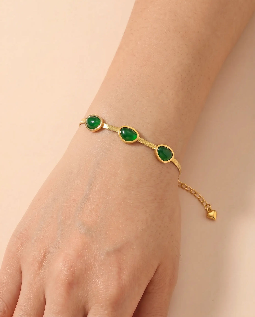 SOLACE  Gold Herringbone Green Cabochon Adjustable Bracelet 
