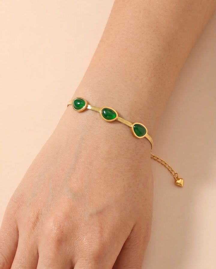 SOLACE  Gold Herringbone Green Cabochon Adjustable Bracelet 