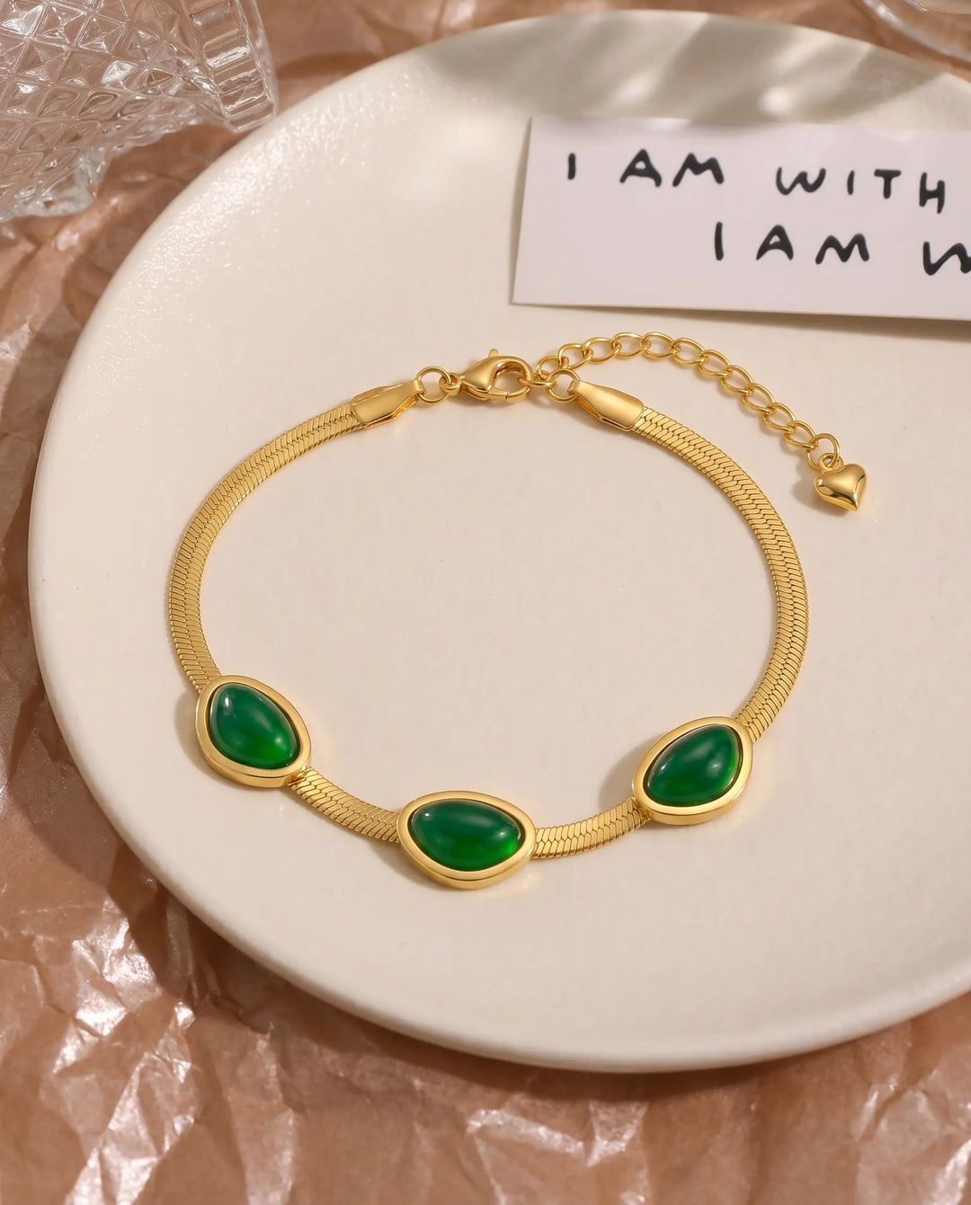 SOLACE  Gold Herringbone Green Cabochon Adjustable Bracelet 