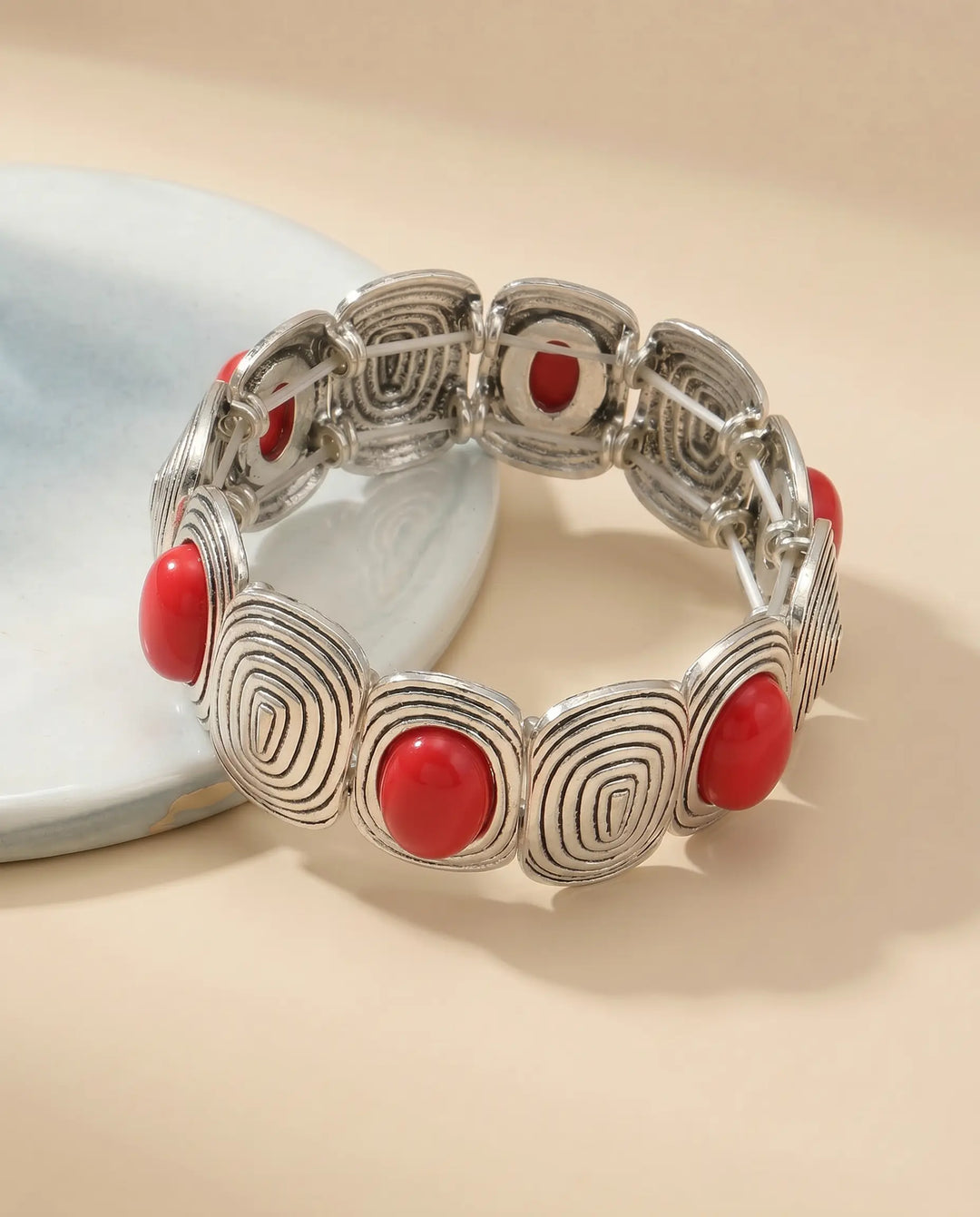 SOLACE  Silver Spiral Red Cabochon Statement Bracelet 