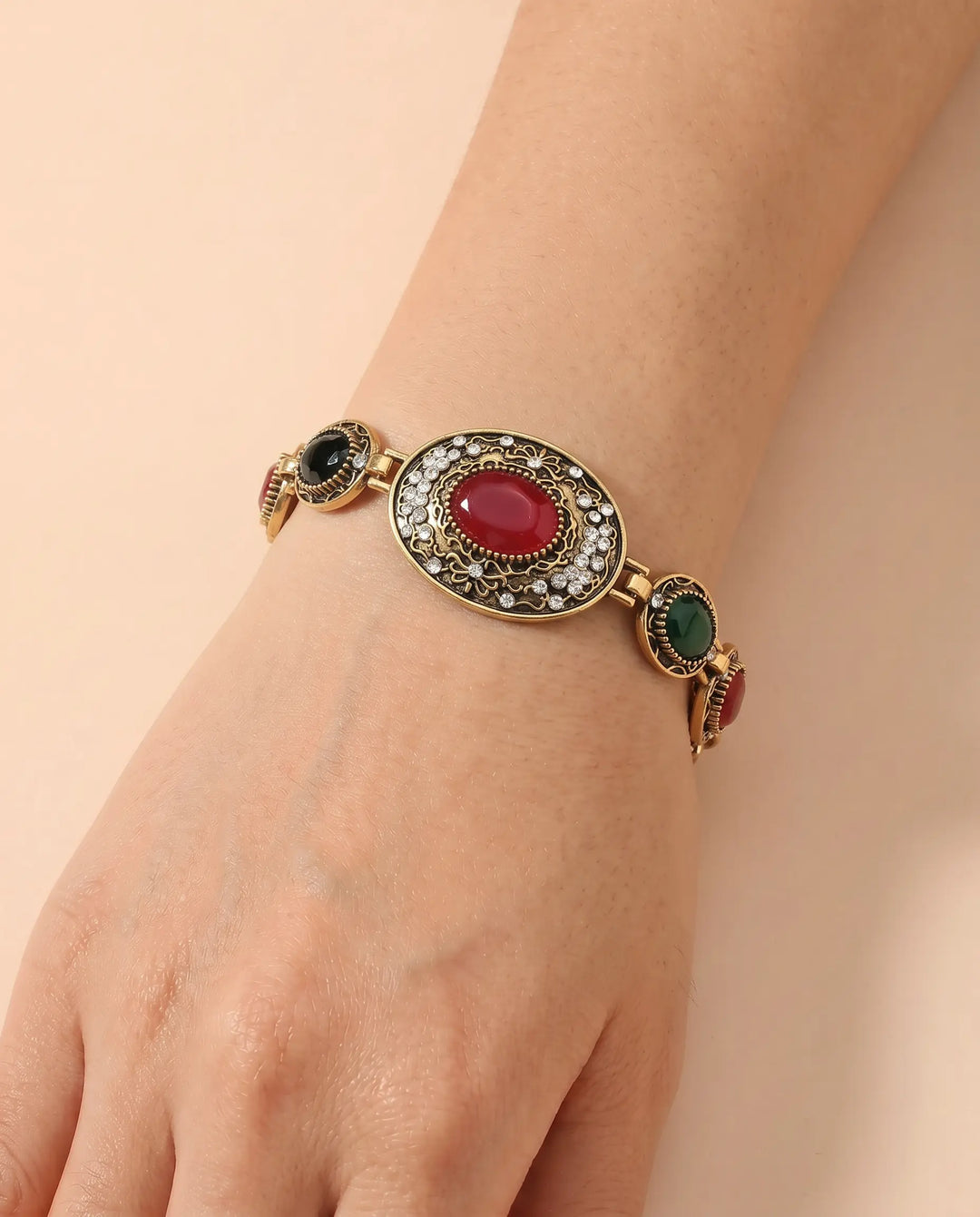 SOLACE  Antique Gold Multi-Gem Statement Bracelet 