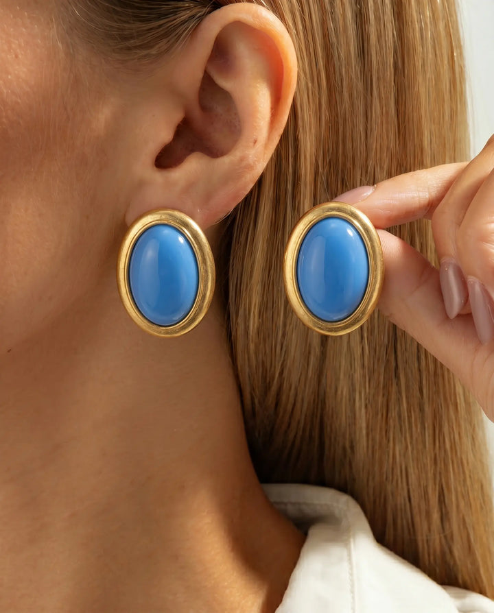 SOLACE  Gold Light Blue Oval Cabochon Stud Earrings 
