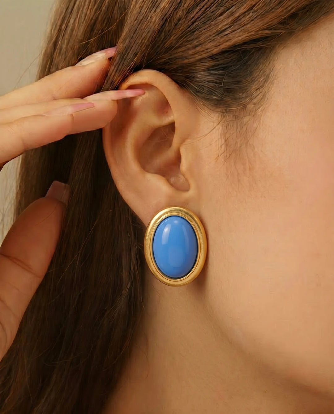 SOLACE  Gold Light Blue Oval Cabochon Stud Earrings 