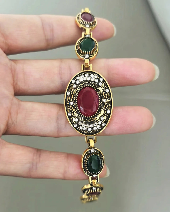 SOLACE  Antique Gold Multi-Gem Statement Bracelet 