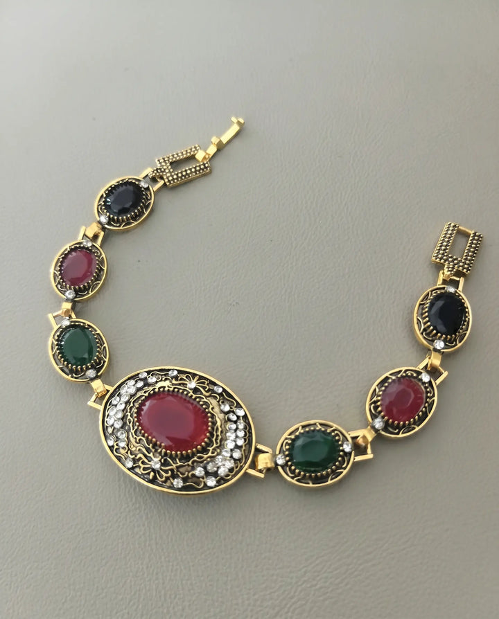 SOLACE  Antique Gold Multi-Gem Statement Bracelet 