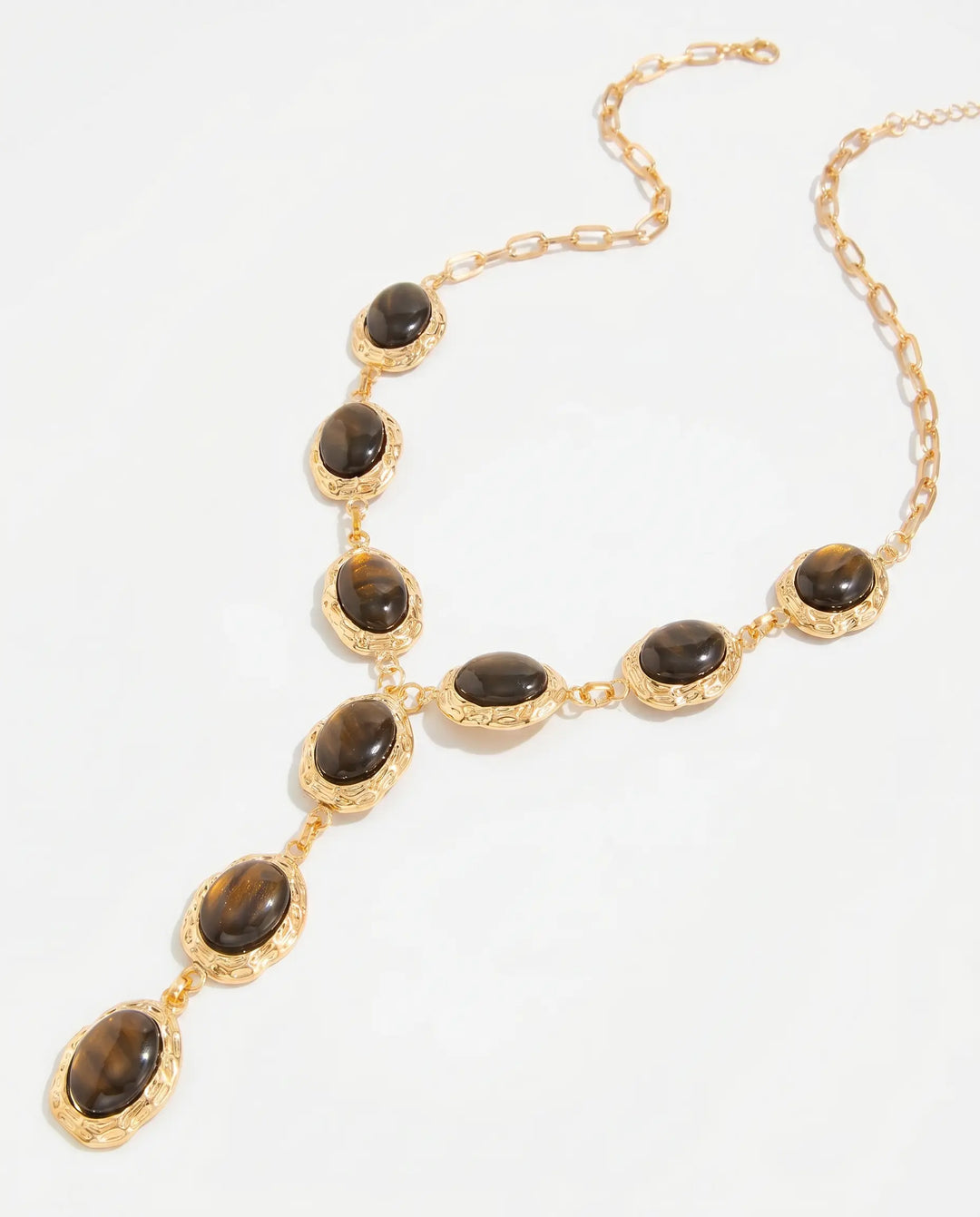 SOLACE  Gold Tone Tiger Eye Y Drop Textured Frame Alloy Necklace 