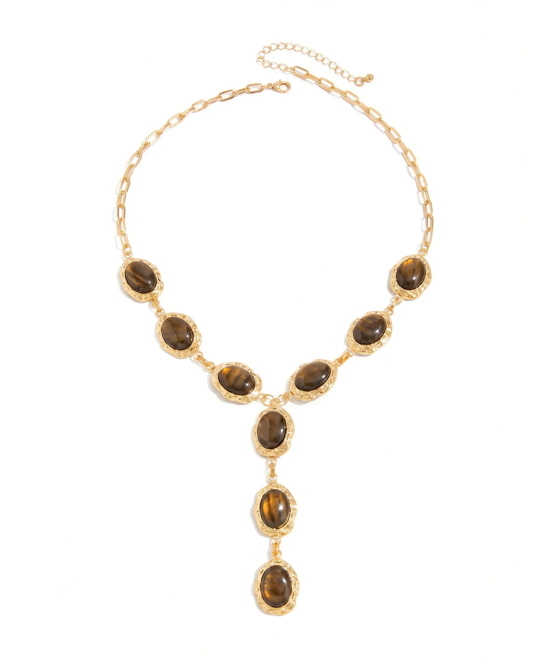 SOLACE  Gold Tone Tiger Eye Y Drop Textured Frame Alloy Necklace 